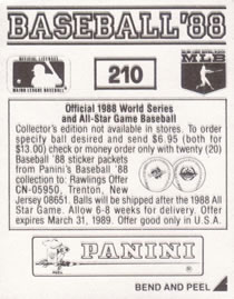 1988 Panini Stickers #210 Blue Jays Logo Back