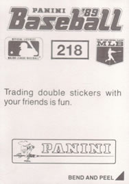 1989 Panini Stickers #218 Matt Williams Back