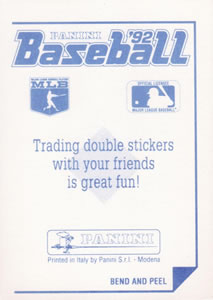 1992 Panini Stickers #288 Tom Glavine Back