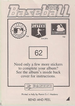 1994 Panini Stickers #62 Eric Davis Back