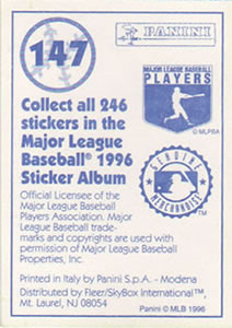 1996 Panini Stickers #147 Detroit Tigers Team Logo Back