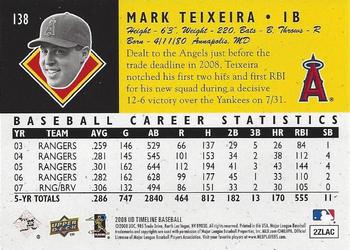 2008 Upper Deck Timeline #138 Mark Teixeira Back