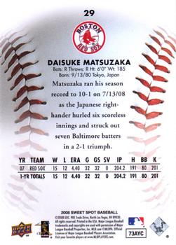 2008 Upper Deck Sweet Spot #29 Daisuke Matsuzaka Back