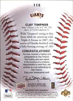 2008 Upper Deck Sweet Spot #115 Clay Timpner Back
