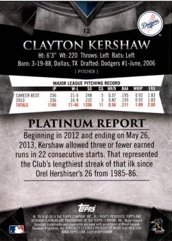 2014 Bowman Platinum #12 Clayton Kershaw Back