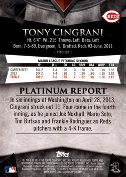 2014 Bowman Platinum #51 Tony Cingrani Back
