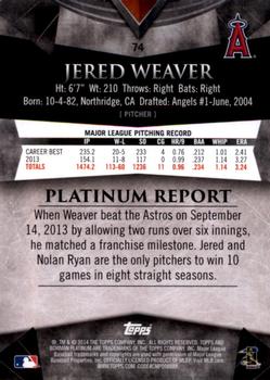 2014 Bowman Platinum #74 Jered Weaver Back