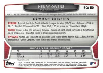 2013 Bowman Chrome - Prospects Autographs #BCA-HO Henry Owens Back