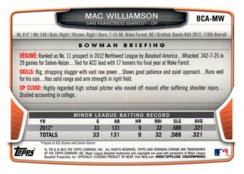 2013 Bowman Chrome - Prospects Autographs #BCA-MW Mac Williamson Back