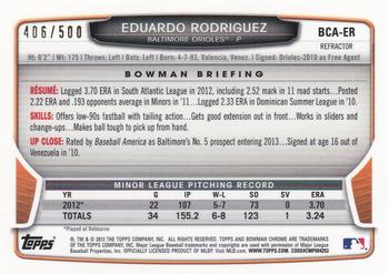 2013 Bowman Chrome - Prospects Autographs Refractor #BCA-ER Eduardo Rodriguez Back
