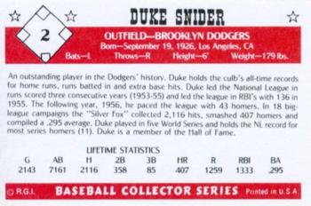 1984 Galasso Baseball Collector Series #2 Duke Snider Back