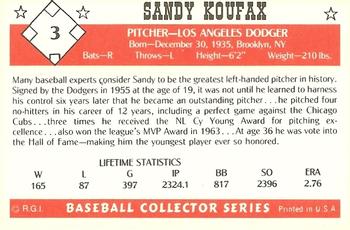 1984 Galasso Baseball Collector Series #3 Sandy Koufax Back