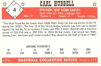 1984 Galasso Baseball Collector Series #4 Carl Hubbell Back