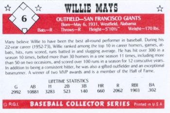 1984 Galasso Baseball Collector Series #6 Willie Mays Back
