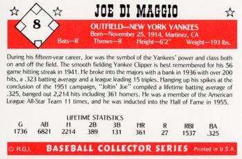 1984 Galasso Baseball Collector Series #8 Joe DiMaggio Back