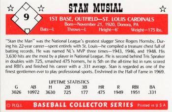 1984 Galasso Baseball Collector Series #9 Stan Musial Back
