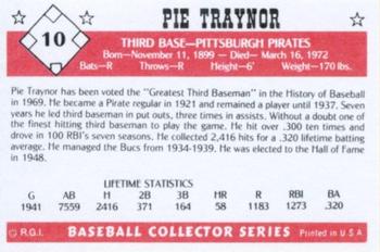 1984 Galasso Baseball Collector Series #10 Pie Traynor Back