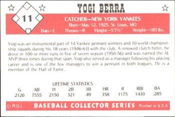 1984 Galasso Baseball Collector Series #11 Yogi Berra Back
