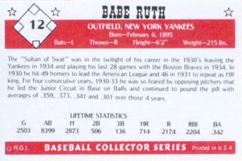 1984 Galasso Baseball Collector Series #12 Babe Ruth Back