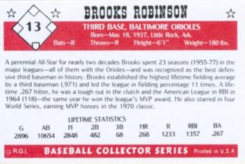 1984 Galasso Baseball Collector Series #13 Brooks Robinson Back