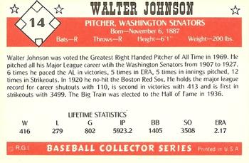 1984 Galasso Baseball Collector Series #14 Walter Johnson Back