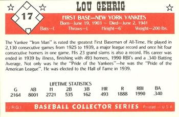 1984 Galasso Baseball Collector Series #17 Lou Gehrig Back