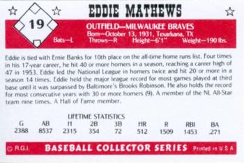 1984 Galasso Baseball Collector Series #19 Eddie Mathews Back