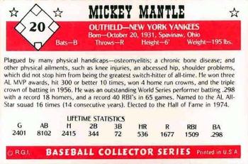 1984 Galasso Baseball Collector Series #20 Mickey Mantle Back