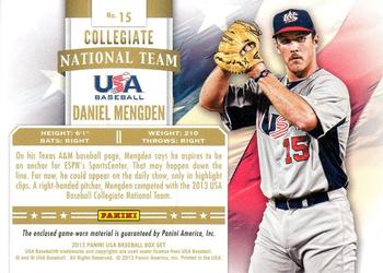 2013 Panini USA Baseball - Collegiate National Team Jerseys #15 Daniel Mengden Back