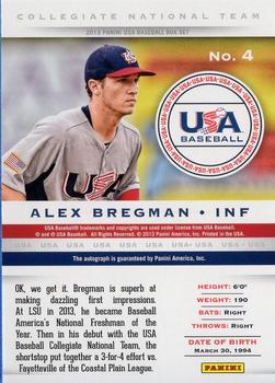 2013 Panini USA Baseball - Collegiate National Team Signatures #4 Alex Bregman Back
