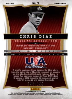 2013 Panini USA Baseball - Select Preview Blue Prizms #9 Chris Diaz Back