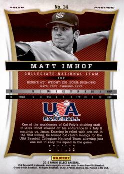 2013 Panini USA Baseball - Select Preview Blue Prizms #14 Matt Imhof Back