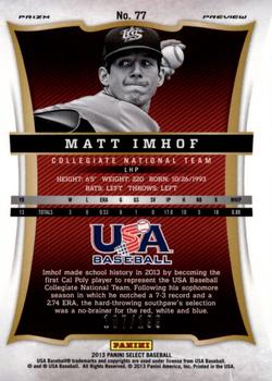 2013 Panini USA Baseball - Select Preview Blue Prizms #77 Matt Imhof Back