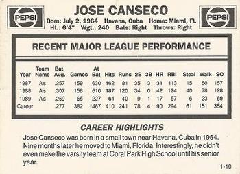1990 Pepsi Jose Canseco #1 Jose Canseco Back
