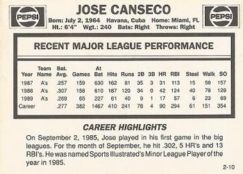 1990 Pepsi Jose Canseco #2 Jose Canseco Back