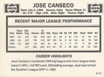 1990 Pepsi Jose Canseco #3 Jose Canseco Back