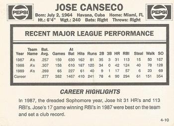 1990 Pepsi Jose Canseco #4 Jose Canseco Back