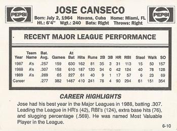 1990 Pepsi Jose Canseco #6 Jose Canseco Back