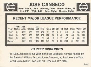 1990 Pepsi Jose Canseco #7 Jose Canseco Back