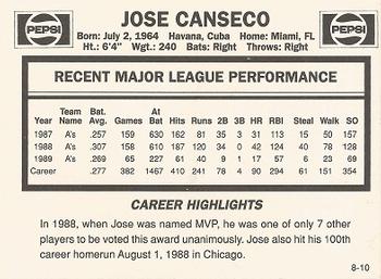1990 Pepsi Jose Canseco #8 Jose Canseco Back