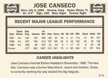 1990 Pepsi Jose Canseco #9 Jose Canseco Back