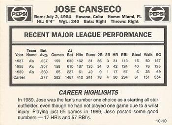 1990 Pepsi Jose Canseco #10 Jose Canseco Back