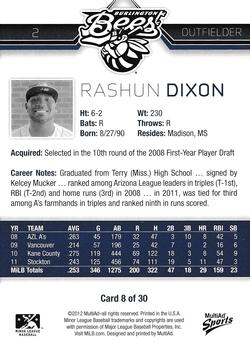 2012 MultiAd Burlington Bees #8 Rashun Dixon Back