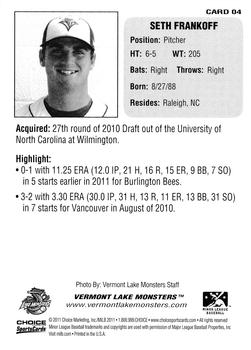 2011 Choice Vermont Lake Monsters #4 Seth Frankoff Back