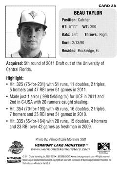 2011 Choice Vermont Lake Monsters #38 Beau Taylor Back