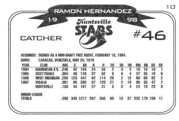 1998 Huntsville Stars #10 Ramon Hernandez Back