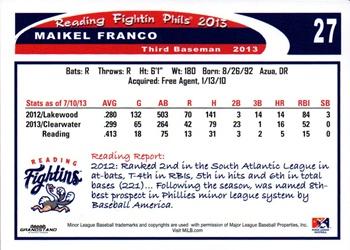2013 Grandstand Reading Fightin Phils Update #NNO Maikel Franco Back