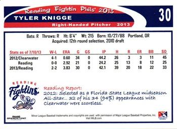 2013 Grandstand Reading Fightin Phils Update #NNO Tyler Knigge Back
