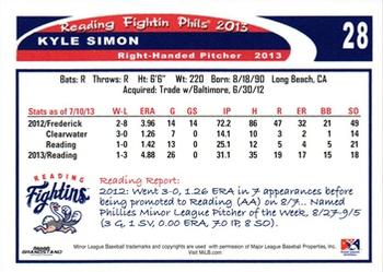 2013 Grandstand Reading Fightin Phils Update #NNO Kyle Simon Back