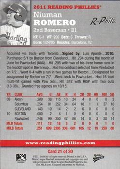 2011 MultiAd Reading Phillies #21 Niuman Romero Back